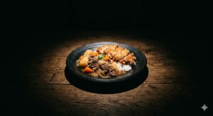 暗い部屋で間接照明に照らされたコンビニ飯