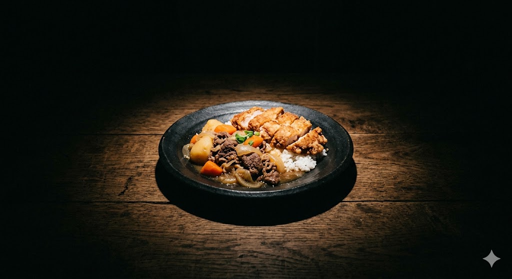 暗い部屋で間接照明に照らされたコンビニ飯